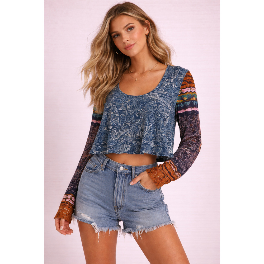 FP Movement Soul Searcher Crop Hoodie S Blue Paisley Mixed Sleeve Top